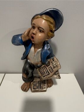 Blue and Tan Newsboy Figurine - Home Art
